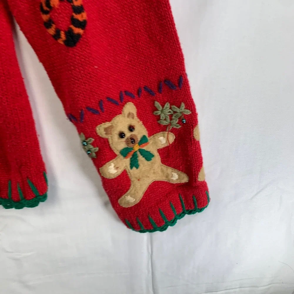 Hampshire Studio Cardigan Women‎ M Red Christmas Teddy Bear Applique Sweater